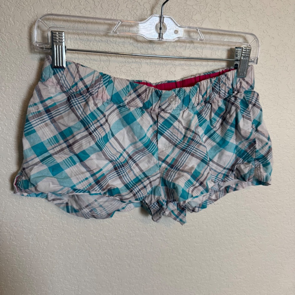 Y2K Coquette Plaid Dream Academy Micro Lounge Shorts XS Teal White